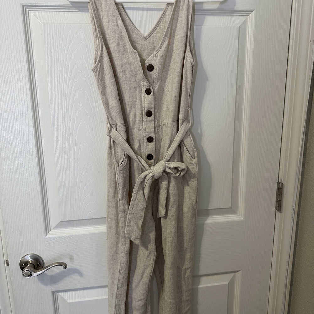 Beige Linen Jumpsuit with Button Detail
